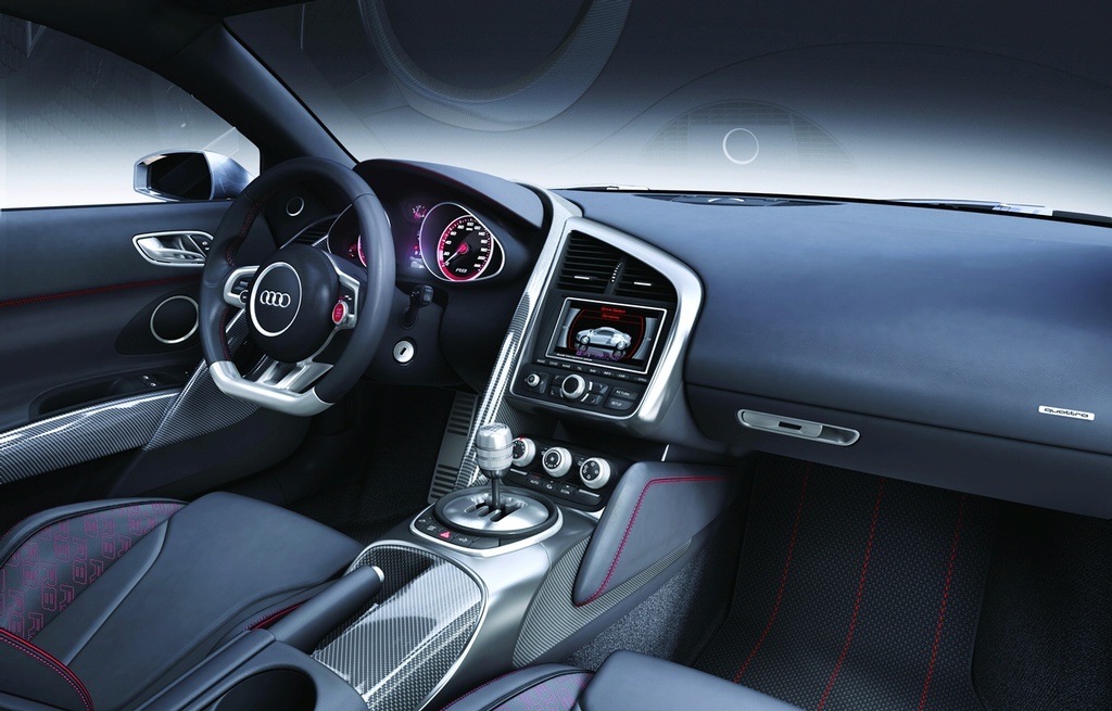 The interior of the R8 V12 TDI concept sports a 3-spoke steering wheel, 